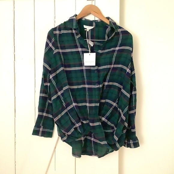 BEACH Lunch Lounge green plaid twist front top XS - Picture 1 of 4